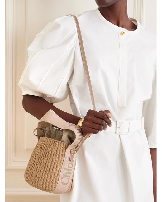 Chloé Natural Woody Small Leather-Trimmed Raffia Basket Bag