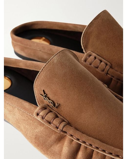 Saint Laurent Brown Le Loafer 05 Cassandre-Embellished Suede Mules