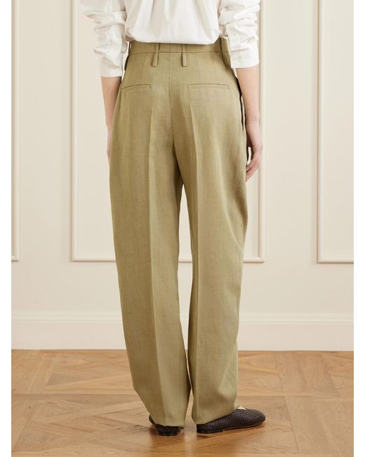 Bottega Veneta Natural Cropped Pleated Woven Tapered Pants