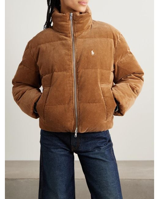 Polo Ralph Lauren Brown Embroidered Quilted Cotton-Blend Corduroy Down Jacket