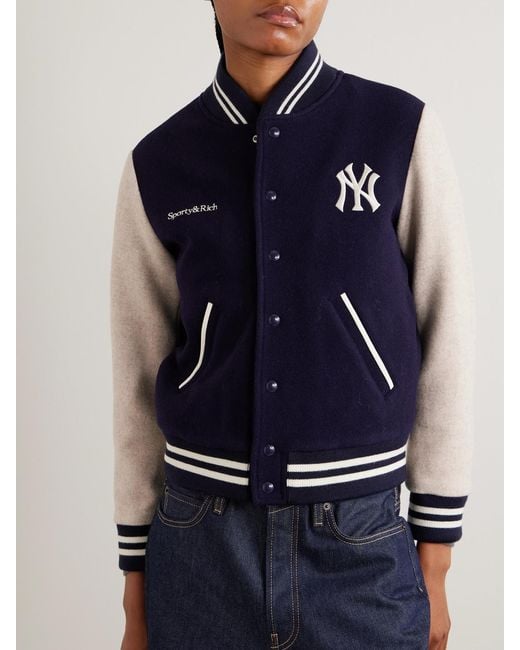 Sporty & Rich Blue '47 And New York Yankees Leather-Trimmed Embroidered Wool-Felt Bomber Jacket