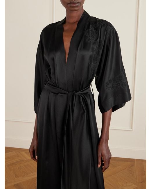 Carine Gilson Black Belted Floral-Embroidered Silk-Satin Kimono