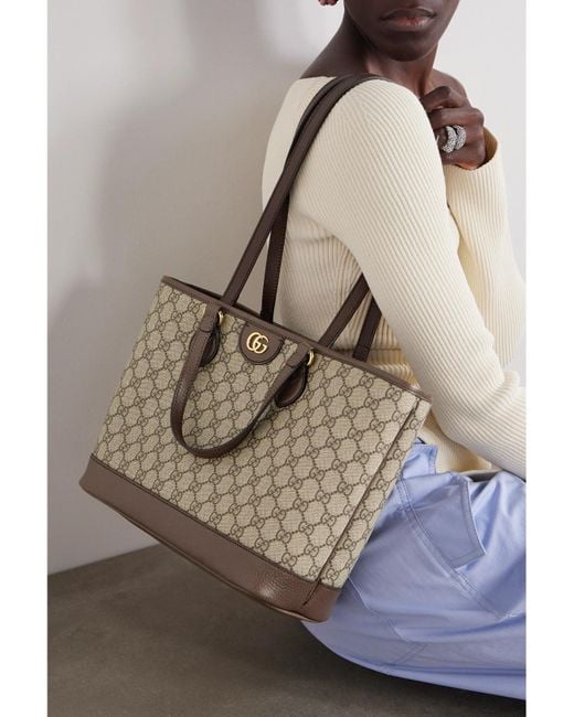 Gucci Natural Ophidia Tess Schultertasche Aus Beschichtetem Canvas Mit Printmuster, Lederbesätzen Und Verzierung