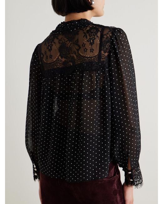 Sea Black Melody Tie-Detailed Lace-Trimmed Polka-Dot Crepe De Chine Blouse