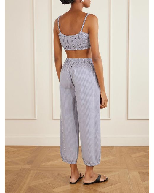 Suzie Kondi Blue Bea Shirred Striped Cotton-Poplin Bandeau Top