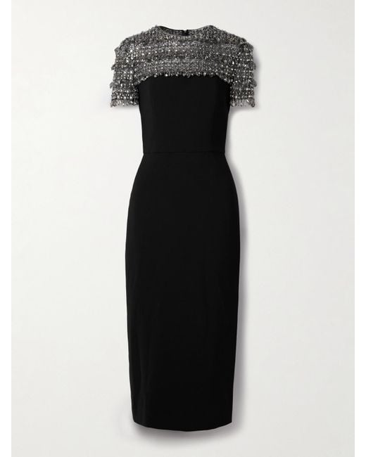 Carolina Herrera Black Midikleid Aus Crêpe Und Tüll Mit Kristallen