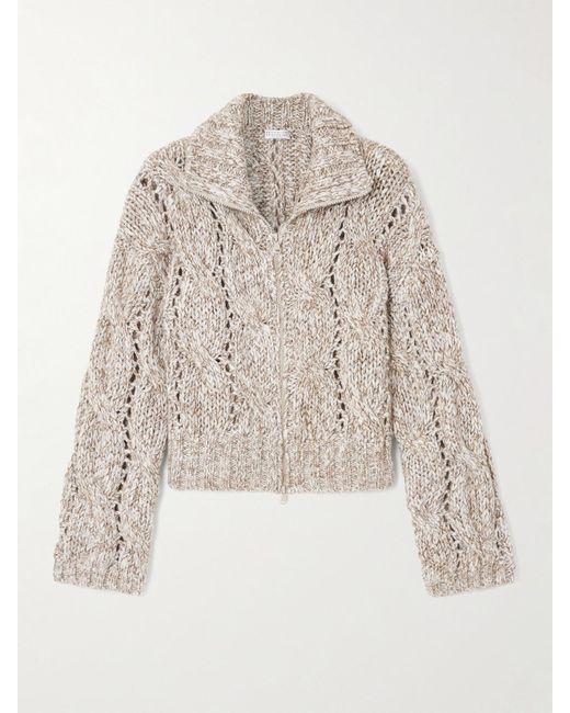 Brunello Cucinelli Natural Sequin-Embellished Cable-Knit Wool Cardigan