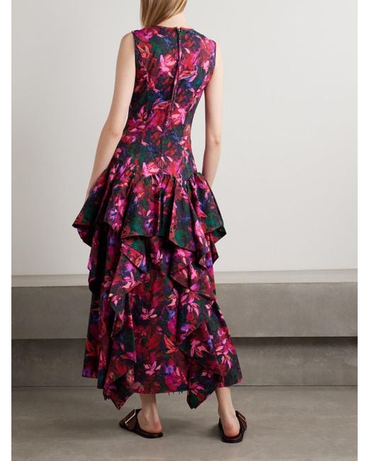 Robe Longue En Popeline De Coton À Imprimé Fleuri Et À Volants Mural Ulla Johnson en coloris Red