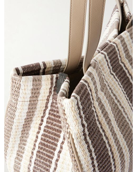 Brunello Cucinelli Natural Striped Leather-Trimmed Raffia Tote