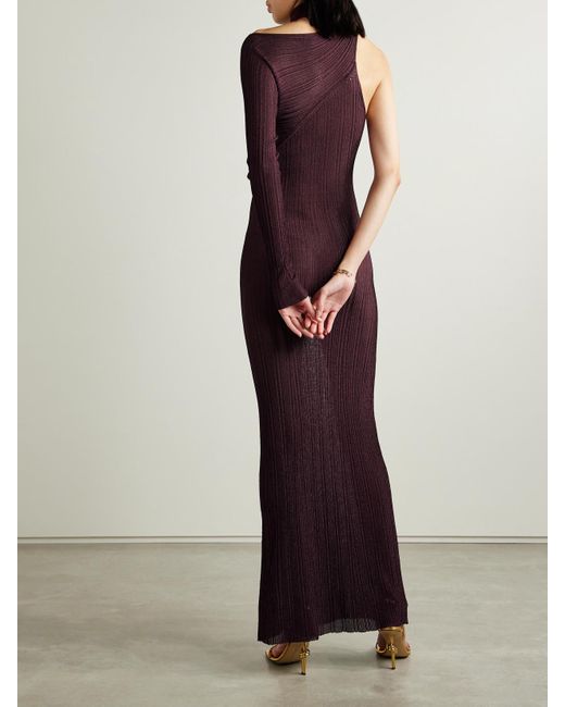 Rabanne Purple Asymmetrisches Maxikleid Aus Plissiertem Metallic-Strick Mit Schluppe