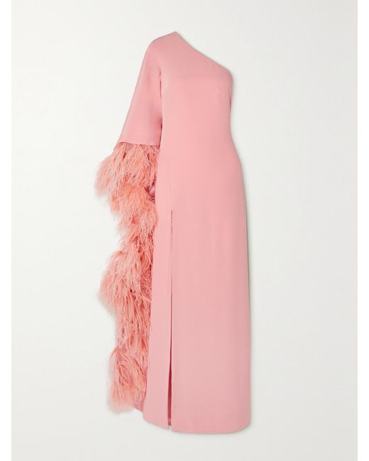 Monique Lhuillier Pink One-Sleeve Feather-Trimmed Silk-Crepe Gown