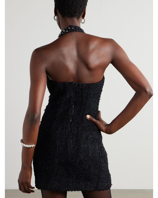 Balmain Black Crystal-Embellished Bouclé Halterneck Mini Dress