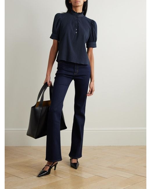 FRAME Blue The Ruffle Bluse Aus Strukturierter Baumwolle