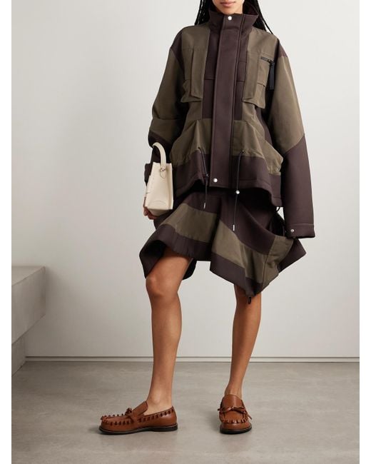 Sacai Brown Draped Paneled Scuba And Cotton-Blend Grosgrain Jacket