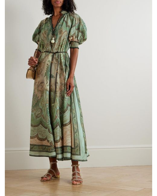 Zimmermann Wanderlust Belted Shirred Printed Silk-Habotai Midi Dress in  Green | Lyst