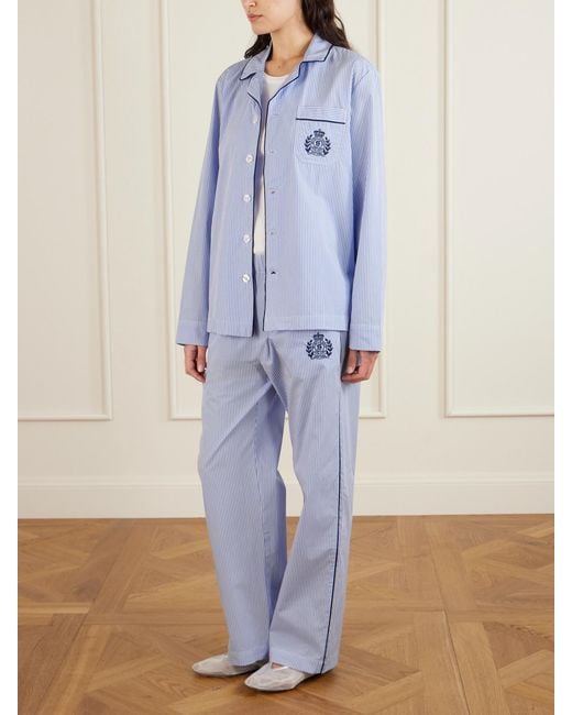 Sporty & Rich Blue Embroidered Striped Cotton-Poplin Pajama Pants