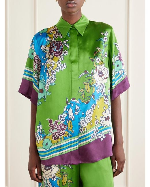 ALÉMAIS Green Nanci Printed Silk-Satin Shirt