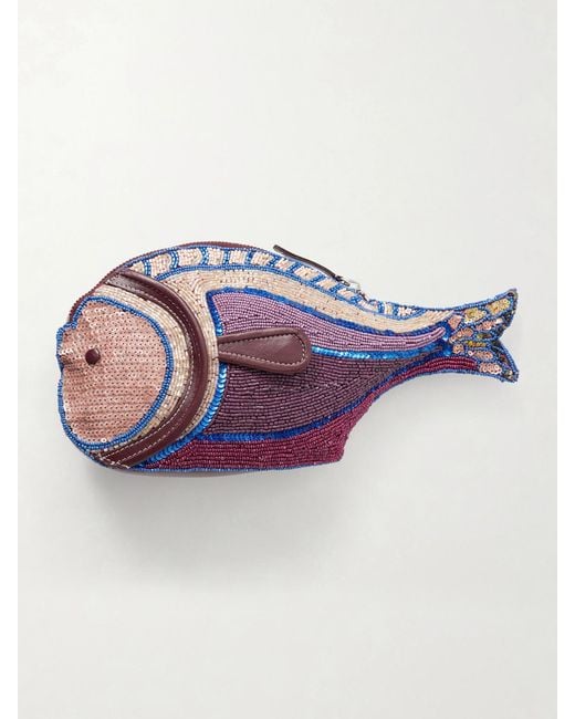 Staud Purple Pesce Beaded Leather Clutch