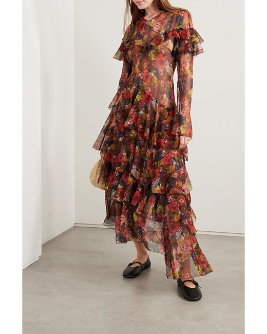 Doen Multicolor Alouette Asymmetric Ruffled Floral-Print Silk-Georgette Midi Dress