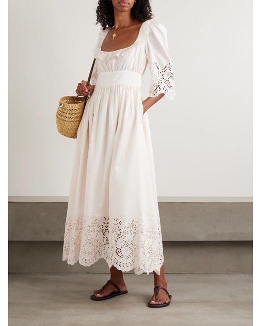 Robe Longue En Voile De Coton Et De Soie Mélangés À Broderie Anglaise, Volants Et Festons Yolande Thierry Colson en coloris Natural