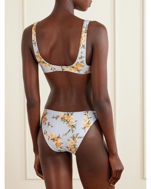 Agua Bendita Metallic Hacienda Valle Pearl-Embellished Floral-Print Bikini Top