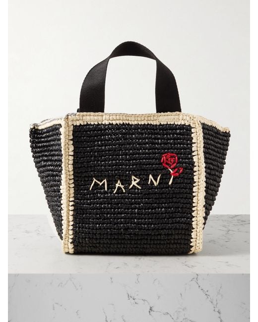 Marni Black Embroidered Webbing-Trimmed Faux Raffia Tote