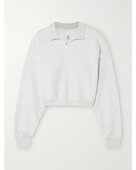 Skims White Cropped Cotton-Blend Jersey Half-Zip Sweater