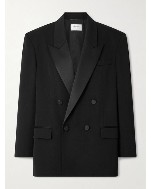 Saint Laurent Black Double-Breasted Satin-Trimmed Grain De Poudre Wool Blazer