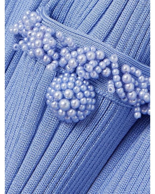 Self-Portrait Blue Faux Pearl-Embellished Ribbed-Knit Mini Dress