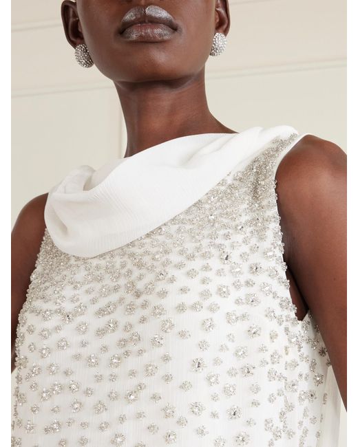 Clio Peppiatt White Kaia Scarf-Detailed Crystal-Embellished Crinkled-Chiffon Gown