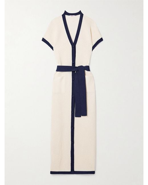 Eres Natural Bayadere Chavire Belted Two-Tone Open-Knit Cotton-Blend Maxi Dress