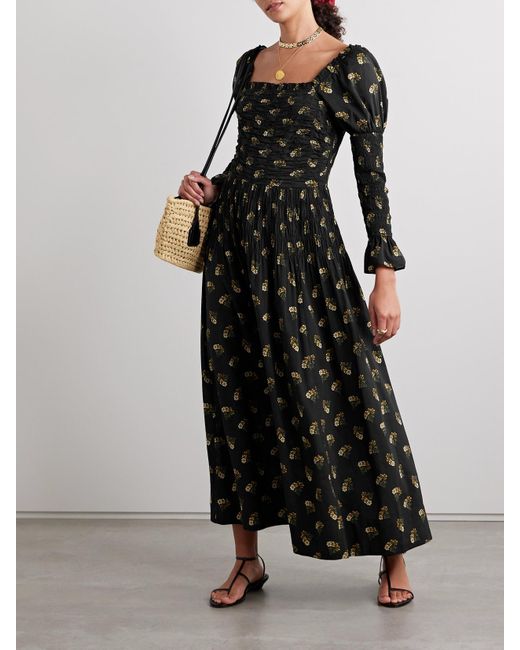 Doen Black Wilmina Shirred Floral-Print Cotton-Blend Maxi Dress