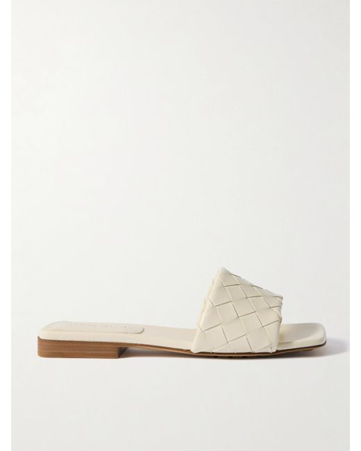Bottega Veneta White Riva Intrecciato Leather Slides