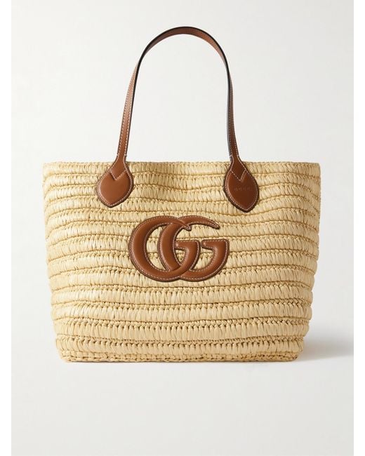 Gucci Natural Leather-Trimmed Raffia Tote