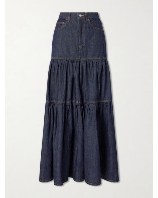 Saint Laurent Blue Tiered Denim Maxi Skirt