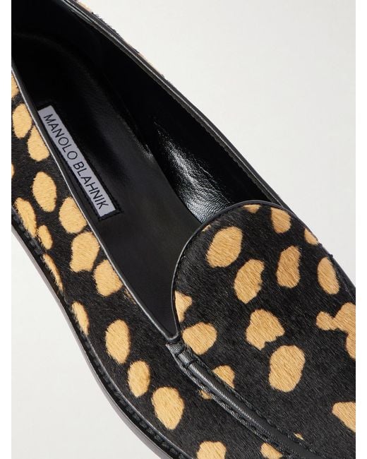 Manolo Blahnik White Maxy Leather-Trimmed Leopard-Print Calf Hair Loafers