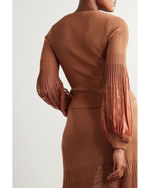 Ulla Johnson Brown Lenora Tulle-Trimmed Ribbed-Knit Top