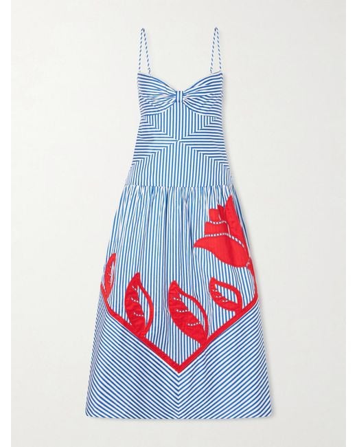Farm Rio White Sky Striped Embroidered Cotton Poplin Midi Dress