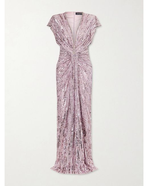 Jenny Packham Pink Zola Twisted Crystal-Embellished Sequined Tulle Gown