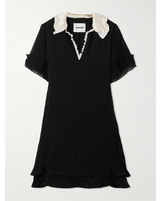Jil Sander Black Ruffled Satin-Trimmed Crinkled Silk-Chiffon Dress