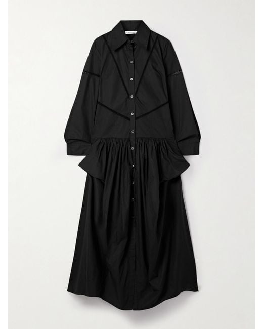 DIOTIMA Black Ritual Crochet-Trimmed Gathered Cotton-Poplin Midi Shirt Dress