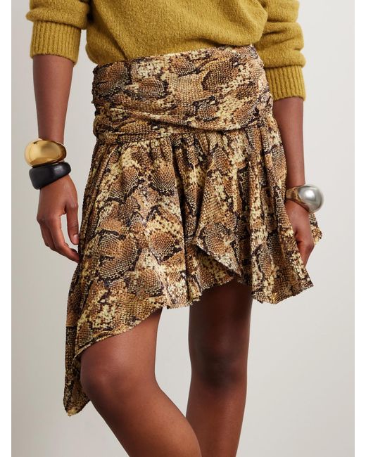Isabel Marant Natural Clem Asymmetric Snake-Print Devoré Silk-Blend Mini Skirt