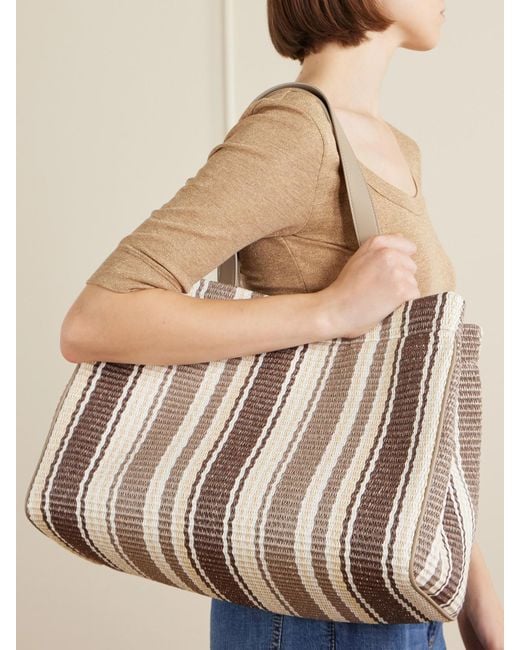 Brunello Cucinelli Natural Striped Leather-Trimmed Raffia Tote