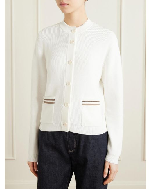 Brunello Cucinelli Natural Bead-Embellished Ribbed Cotton Cardigan