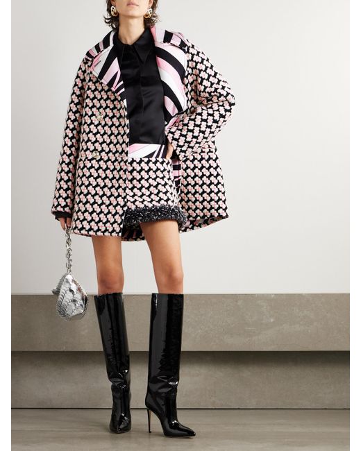 Emilio Pucci Black Reversible Double-Breasted Printed Silk-Twill And Wool-Blend Tweed Jacket