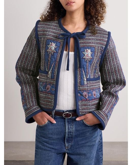 Sea Blue Valeria Quilted Patchwork Printed Cotton Jacket