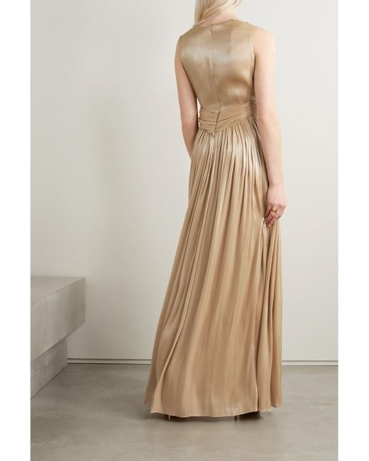 Costarellos Natural Kiera Cutout Pleated Lamé Gown