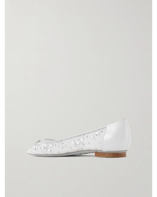 Rene Caovilla White Leather-Trimmed Crystal-Embellished Tulle Point-Toe Flats