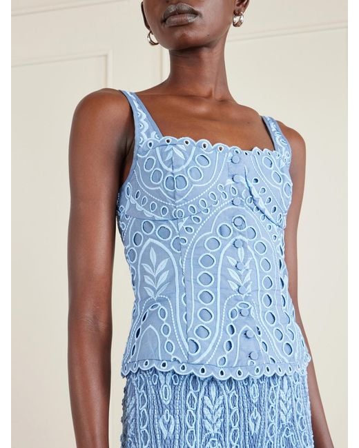 Charo Ruiz Blue Nereus Cropped Broderie Anglaise Cotton-Blend Top