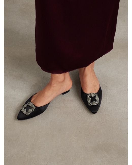 Manolo Blahnik White Hangisi Crystal-Embellished Satin Slippers